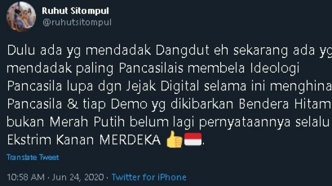 Ruhut Sitompul tanggapi demo penolakan RUU HIP. (Twitter/@ruhutsitompul)