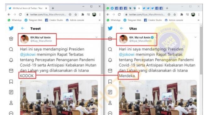 Penjelasan Maruf Amin disebut-sebut mengaku mendampingi Presiden Jokowi rapat di istana kodok. (turnbackhoax.id)