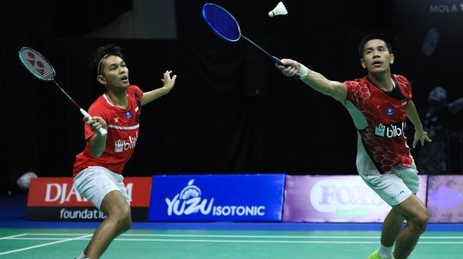 Pasangan ganda putra Fajar Alfian/Yeremia Erich Yoche Yacob Rambitan menaklukkan Mohammad Ahsan/Leo Rolly Carnando di hari kedua PBSI Home Tournament di Pelatnas PBSI, Cipayung, Jakarta Timur, Kamis (25/6/2020). [Humas PBSI]