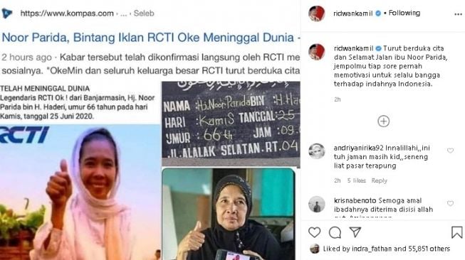 Ridwan Kamil turut berduka atas meninggalnya sosok ikonik iklan RCTI OKE. (Instagram/@ridwankamil)