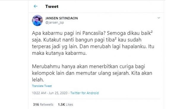 Cuitan Jansen Sitindaon yang menanyakan kabar Pancasila (Twitter)