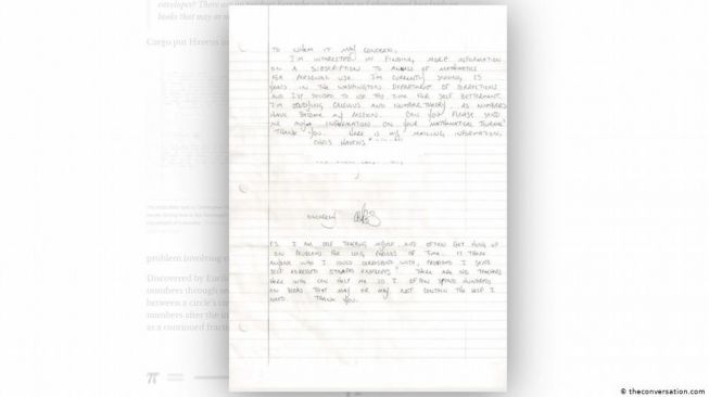 Surat Christopher Havens yang meminta dikirimkan soal matematika kepada penerbit matematika dan meminta beberapa edisi Annals of Mathematics. (The Conversation).