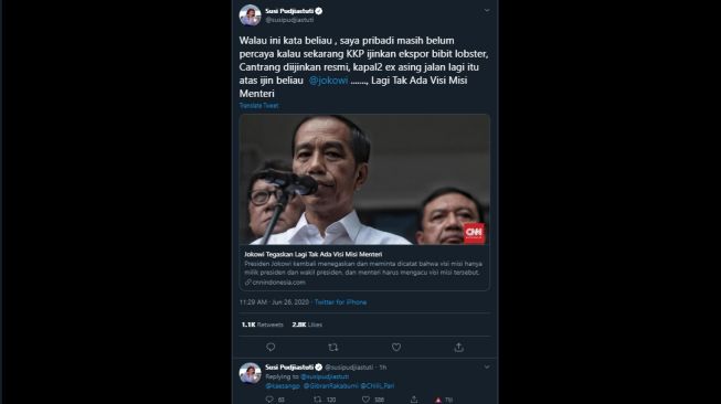 Susi Pusjiastuti menyentil Jokowi soal Tak Ada Visi Misi Menteri. (Twitter/@susipudjiastuti)