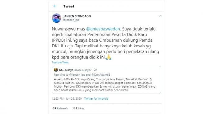 Jansen Sitindaon minta Anies Baswedan menanggapi keluhan orang tua murid terkait PPDB DKI Jakarta (Twitter)