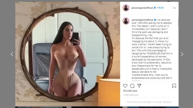 Unggahan Jameela Jamil yang mengomentari video Kim Kardashian. (Instagram/@jameelajamilofficial)