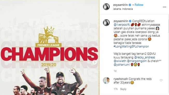 Zoya Amirin mengucapkan selamat untuk Liverpool. (Instagram/@zoyaamirin).