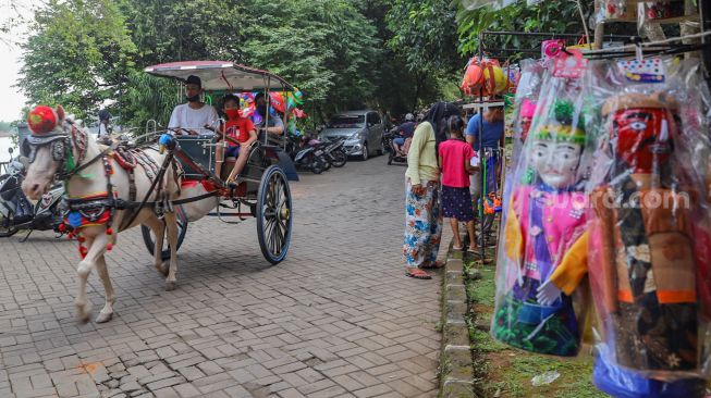 Delman melintas membawa penumpang di Setu Babakan, Jakarta Selatan, Sabtu (27/6).  [Suara.com/Alfian Winanto]