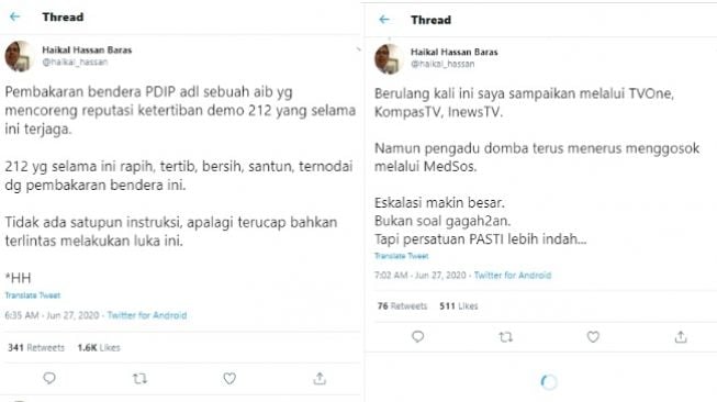 Ustaz Haikal menanggapi pembakaran bendera PDIP saat demo tolak RUU HIP. (Twitter)