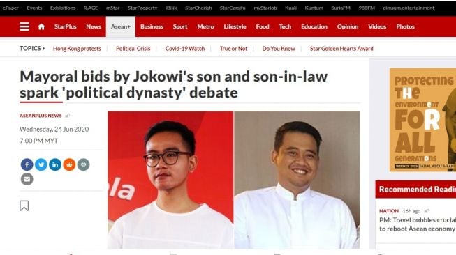 Media Asing Menyoroti Gibran dan Bobby Maju Pilkada 2020 (Screenshot The Star)