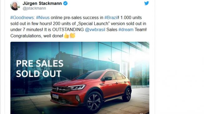 Cuitan selamat atas suksesnya pre-sales Volkswagen Nivus di Brasil oleh pembesar Volkswagen [Twitter @jstackmann].