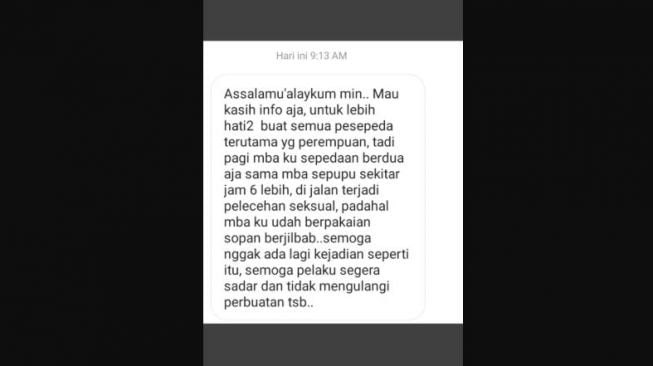 Tangkapan layar terkait pesan berisi dugaan pelecehan seksual yang dialami pesepada di sekitar Jalan Kaliurang KM 14, Ngemplak, Sleman, Minggu (28/6/2020). [Ist]