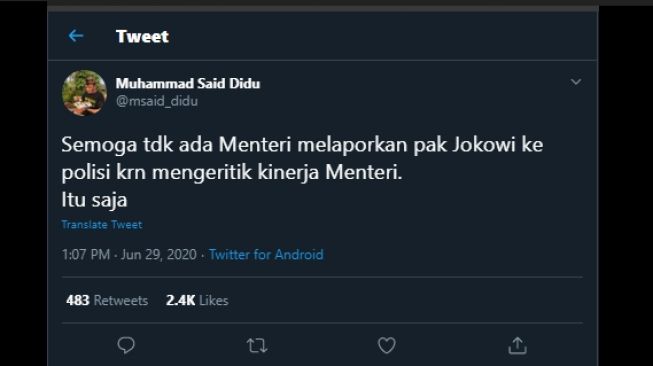 Cutan Said Didu menyindir menteri yang lapor polisi karena dikritik. (Twitter/@msaid_didu)