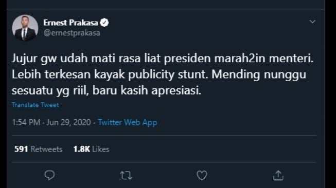 Cuitan Ernest Prakasa yang mengaku mati rasa dengan kemarahan presiden. (Twitter/@ernestprakasa)