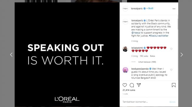 Pernyataan sikap L'Oreal Paris terhadap gerakan Black Lives Matter. (Instagram/@lorealparis)