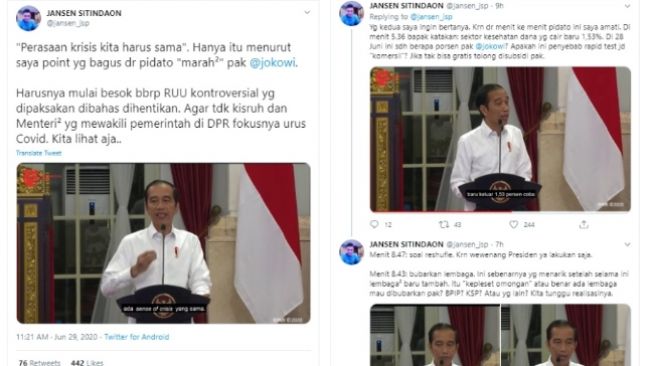 Jansen Sitindaon sebut hanya poin ini yang bagus di pidato Jokowi saat marah-marah ke menteri (Twitter)