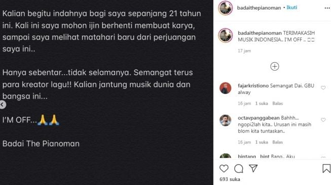 Unggahan Badai eks Kerispatih [Instagram/@badaithepianoman]