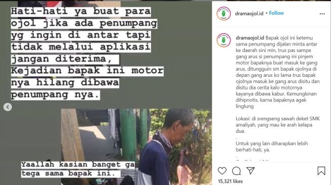 Ojol jadi korban hipnotis, motor hilang dibawa penumpang (Instagram)