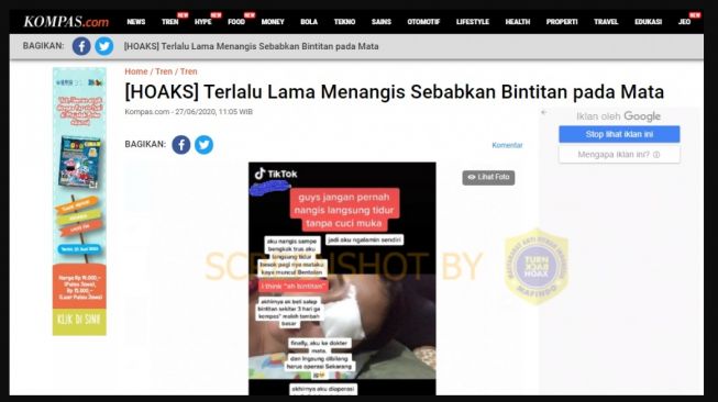 Penjelasan Cek Fakta, tidur setelah menangis tanpa cuci muka menyebabkan mata bintitan adalah tidak benar (Turnbackhoax.id)