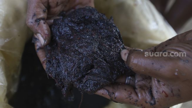 Jabar (40) menunjukkan endapan lumpur yang mengandung cacing sutra (Tubifex sp) di Banjir Kanal Timur (BKT) di kawasan pintu air WEIR-1 Malaka Sari, Jakarta, Selasa (30/6). [Suara.com/Angga Budhiyanto]