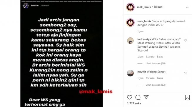 Unggahan Bebizie soal Wika Salim [Instagram/@mak_lamis]