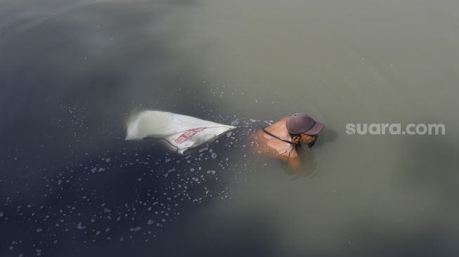 Jabar (40) mencari cacing sutra (Tubifex sp) di Banjir Kanal Timur (BKT) di kawasan pintu air WEIR-1 Malaka Sari, Jakarta, Selasa (30/6). [Suara.com/Angga Budhiyanto]