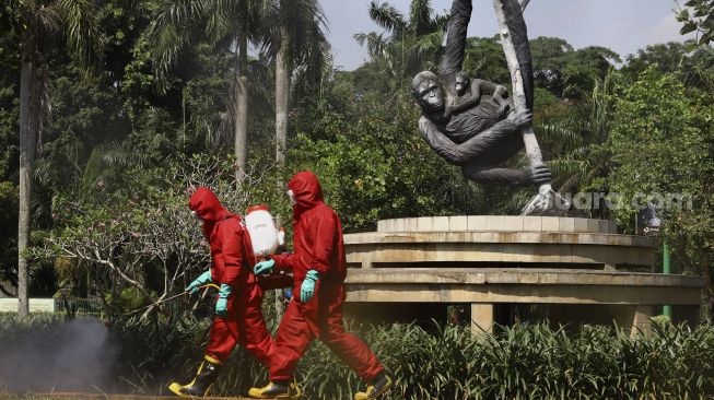 Petugas Pemadam Kebakaran (Damkar) menyemprotkan cairan disinfektan di lingkungan Taman Margasatwa Ragunan (TMR), Jakarta, Rabu (17/6). [Suara.com/Angga Budhiyanto]