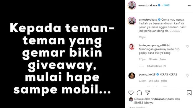 Unggahan Ernest Prakasa soal konten giveaway [Instagram/@ernestprakasa]