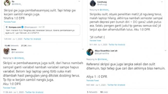 Penjuang Skripsi Sindir DPR yang Mengeluh Pembahasan RUU PKS Sulit (Twitter)