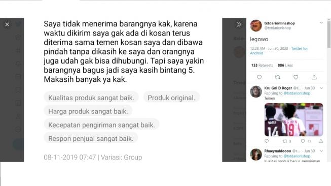 Ulasan belanja online dari pelanggan yang legowo. [Twitter]