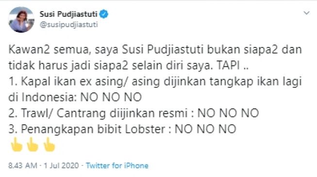 Susi Pudjiastuti menolak izin ekspor benih lobster & penggunaan cantrang (Twitter).