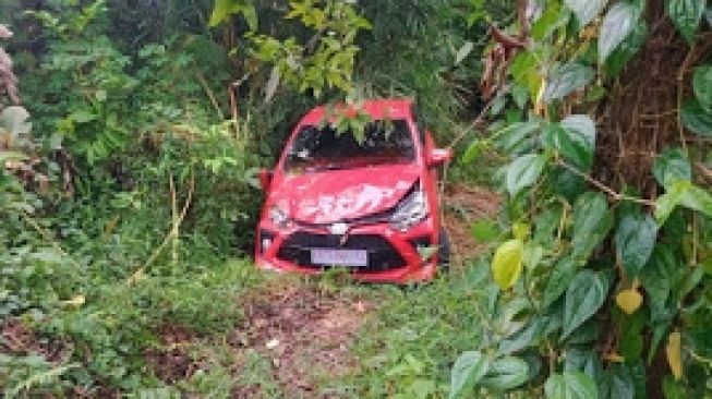 Sopir Diduga Ngantuk, Mobil Xenia Nyungsep Masuk Sawah di Serang