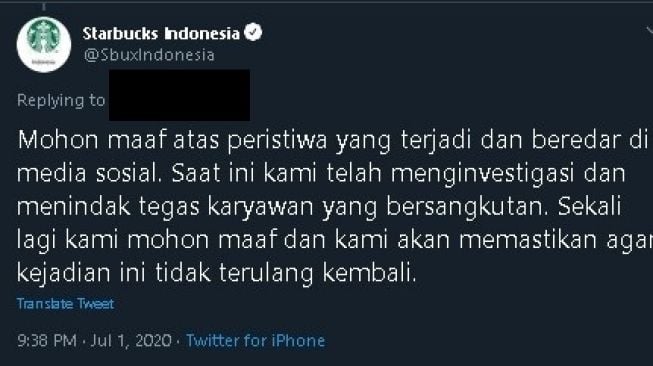 Klarifikasi Starbucks soal pegawai diam-diam rekam pelanggan cewek (Twitter/SbuxIndonesia)