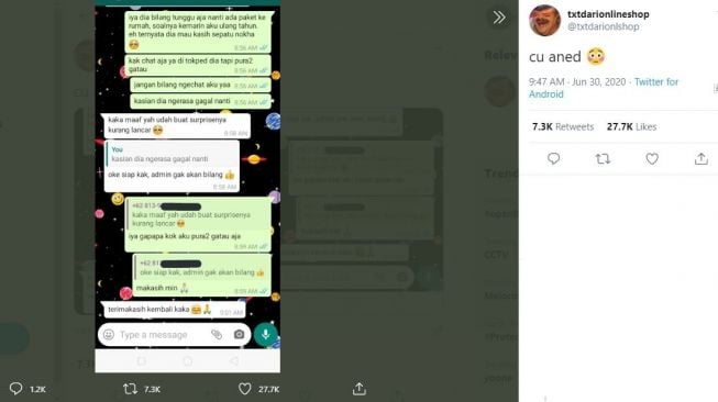 Kejutan Romantis Gagal Akibat Salah Chat (twitter.com/txtdarionlshop)