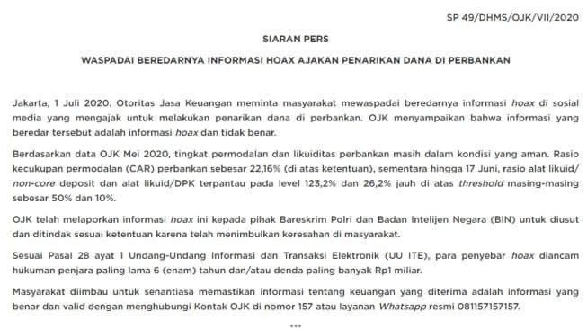 Siaran pers OJK terkait kabar penarikan uang (Facebook).