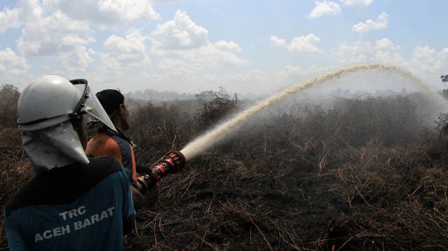 Petugas gabungan dari BPBD Aceh Barat, BKSDA Aceh, TNI/Polri dan Dinas Kehutanan Aceh memadamkan kebakaran lahan gambut di Desa Lapang, Kecamatan Johan Pahlawan, Aceh Barat, Aceh, Kamis (2/7/2020).  [ANTARA FOTO/Syifa Yulinnas]