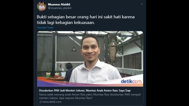 Muannas Alaidid menyentil isu diajukannya Mumtaz Rais sebagai calon menteri. (Twitter/@muannas_alaidid)