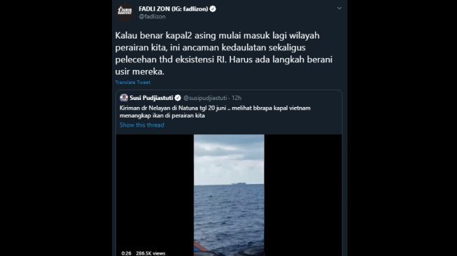 Cuitan Fadli Zon menuntut tindakan tegas pada kapal asing yang masuk ke Indonesia. (Twitter/@fadlizon)