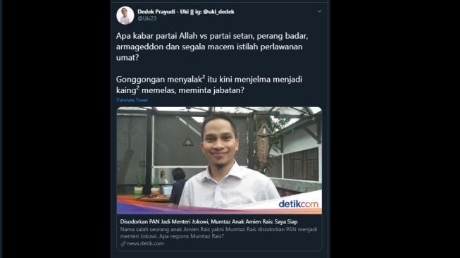 Cuitan Dedek Uki menanggapi kabar diajukannya nama Mumtaz Rais oleh PAN sebagai menteri. (Twitter/@uki23)