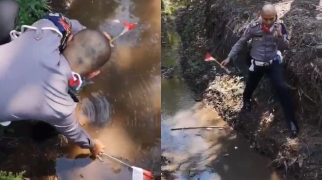 Viral Polisi Turun ke Selokan Ambil Bendera Merah Putih, Publik Terkesan