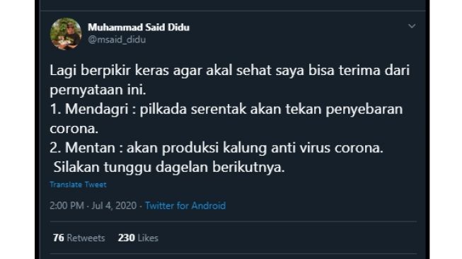 Said Didu sentil soal pernyataan Mendagri dan Mentan. (Twitter/@msaid_didu)