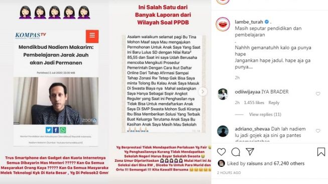 Tina Toon kritik menteri Nadiem Makarim. [Instagram/@lambe_turah]