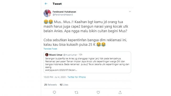 Ferdinand tantang Rektor UIC yang dianggap bela Anies Baswedan (Twitter)