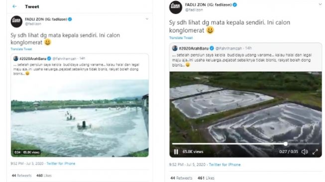 Fahri Hamzah pamer tambak udang, Fadli Zon menyebutnya calon konglomerat (Twitter)