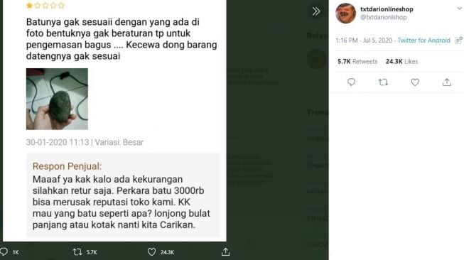 Pembeli Protes Gara-Gara Bentuk Batu Pembersih Kulit (twitter.com/txtdarionlshop)