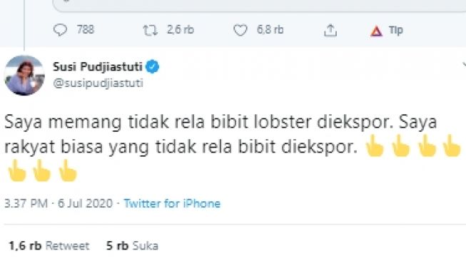 Cuitan Susi Pudjiastuti soal sindiran ekspor benih lobster (Twitter).