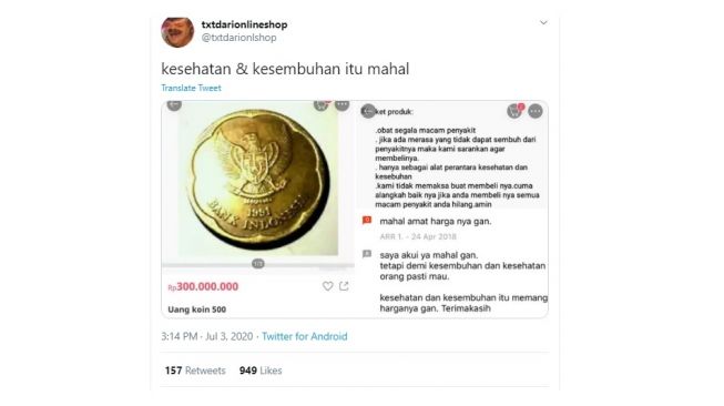 Postingan warganet jual uang koin Rp 500. [Twitter]