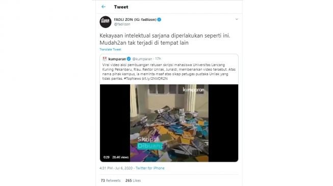 Viral Video Skripsi Dibuang, Fadli Zon Buka Suara (Twitter)