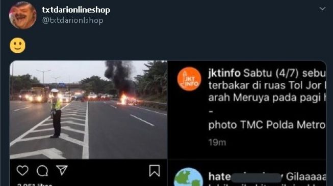 Admin olshop promosi di unggahan kecelakaan bikin warganet kesal. (Twitter/txtdarionlshop)