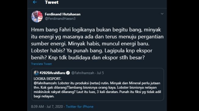 Cuitan Ferdinand Hutahaean yang membantah logika Fahri Hamzah soal ekspor benih lobster. (Twitter/@FerdinandHaean3)