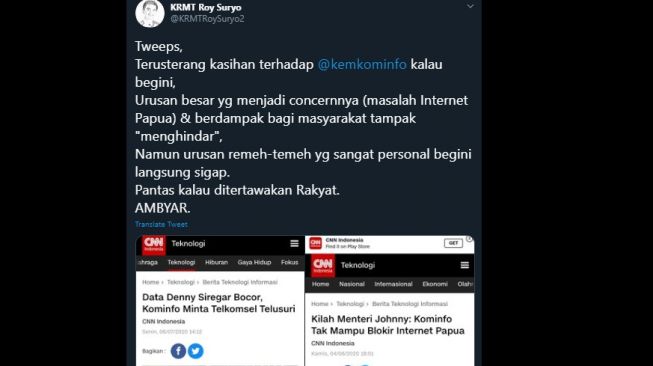 Cuitan Roy Suryo soal Kemkominfo yang menanggapi keluhan Denny Siregar soal kebocoran data pribadi. (Twitter/@KRMTRoySuryo2)